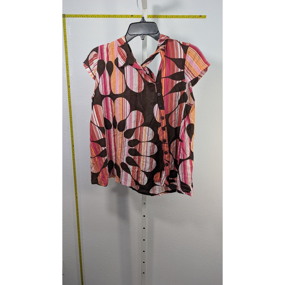 Abstract Print Open Back Tie Blouse Brown Pink Orange Button Up Cap Sleeve Top